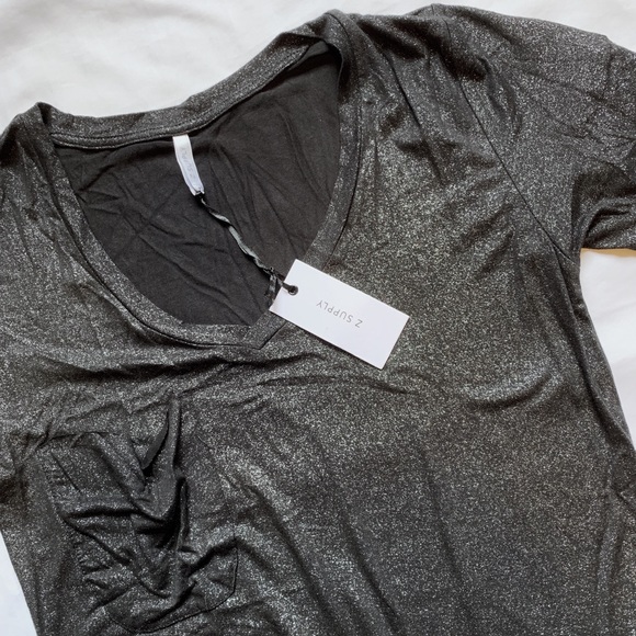 Z Supply Tops - Short Sleeve Black Silver Sparkle V-Neck